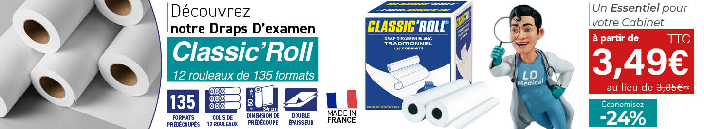 Draps d’examen Classic’Roll – 12 rouleaux de 135 formats prédécoupés, double épaisseur, fabriqués en France, à partir de 3,49 € TTC.